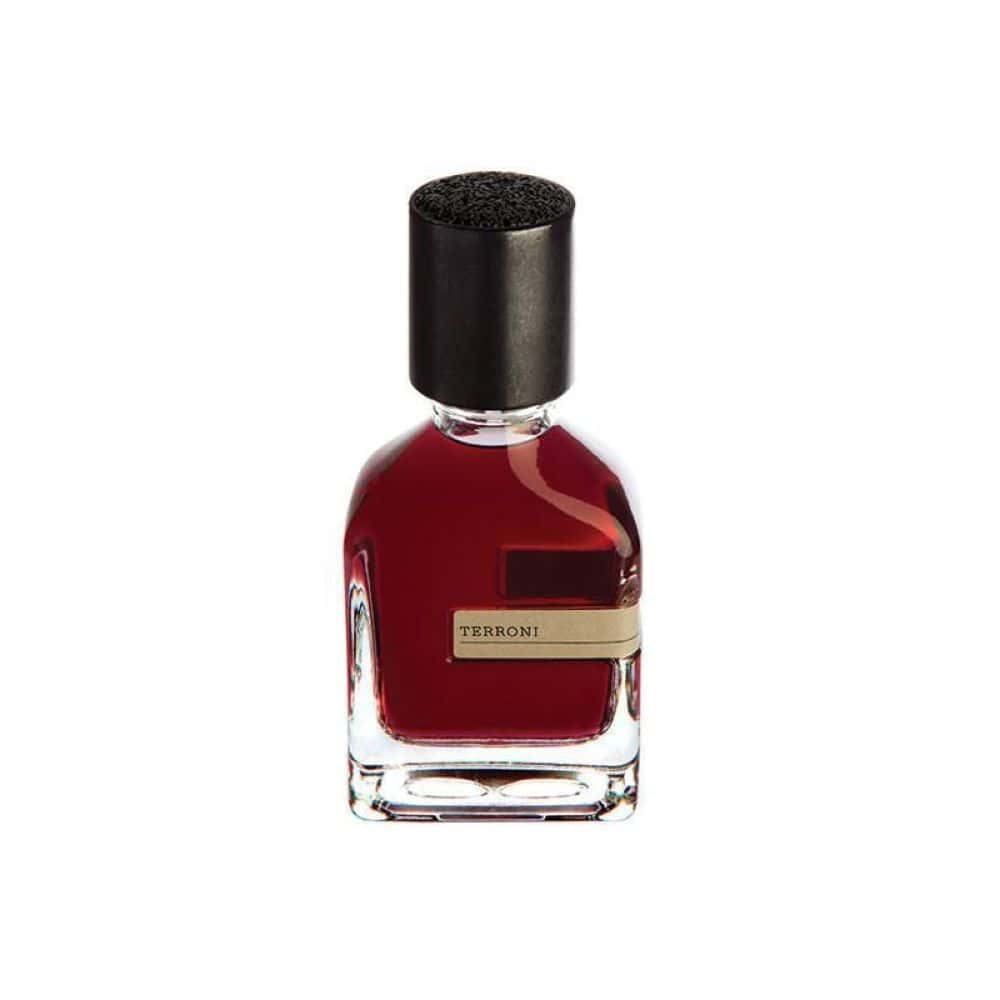 Terroni perfume bottle with dark red liquid and black cap