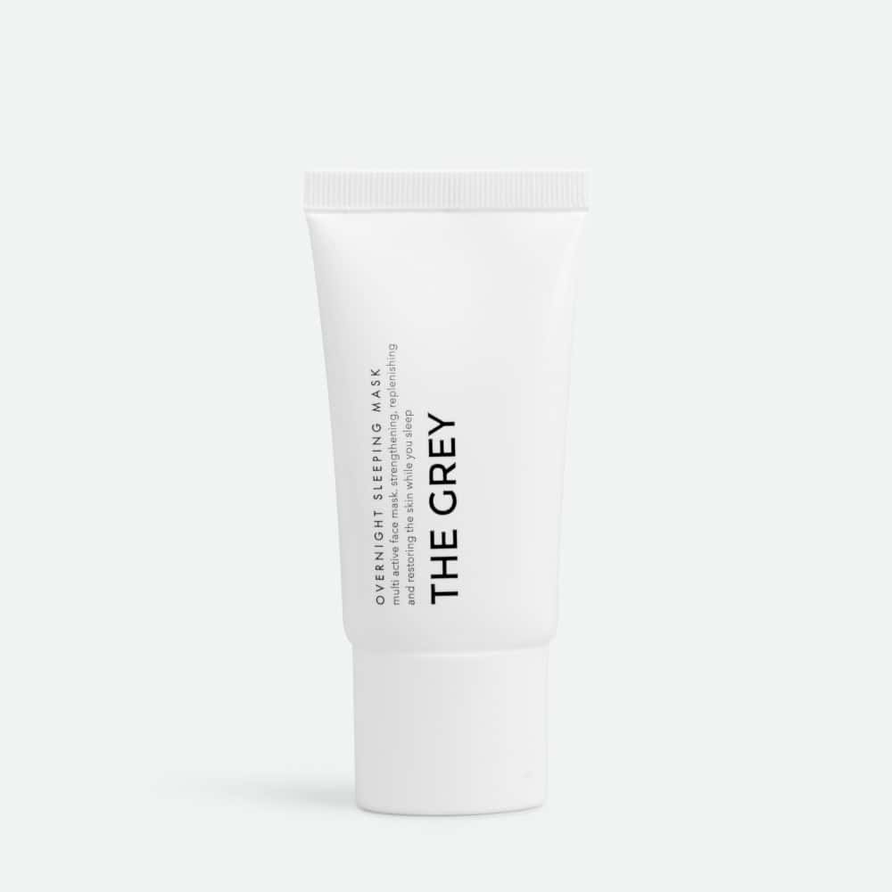 The Grey Overnight Sleeping Mask tube: multi-active face mask for strengthening and replenishing skin