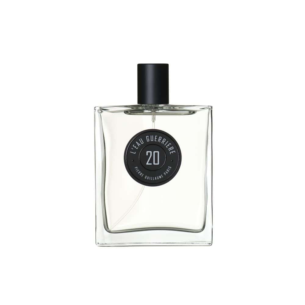 Pierre Guillaume Paris 20 L'Eau Guerrière clear glass perfume bottle with black cap and label
