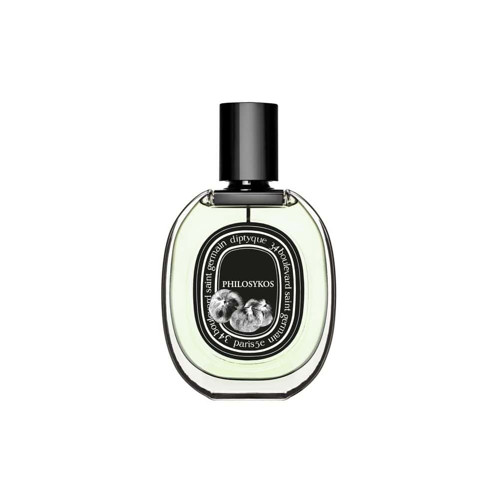 Diptyque Philosykos Eau de Parfum bottle with black cap and oval label featuring fig tree illustration