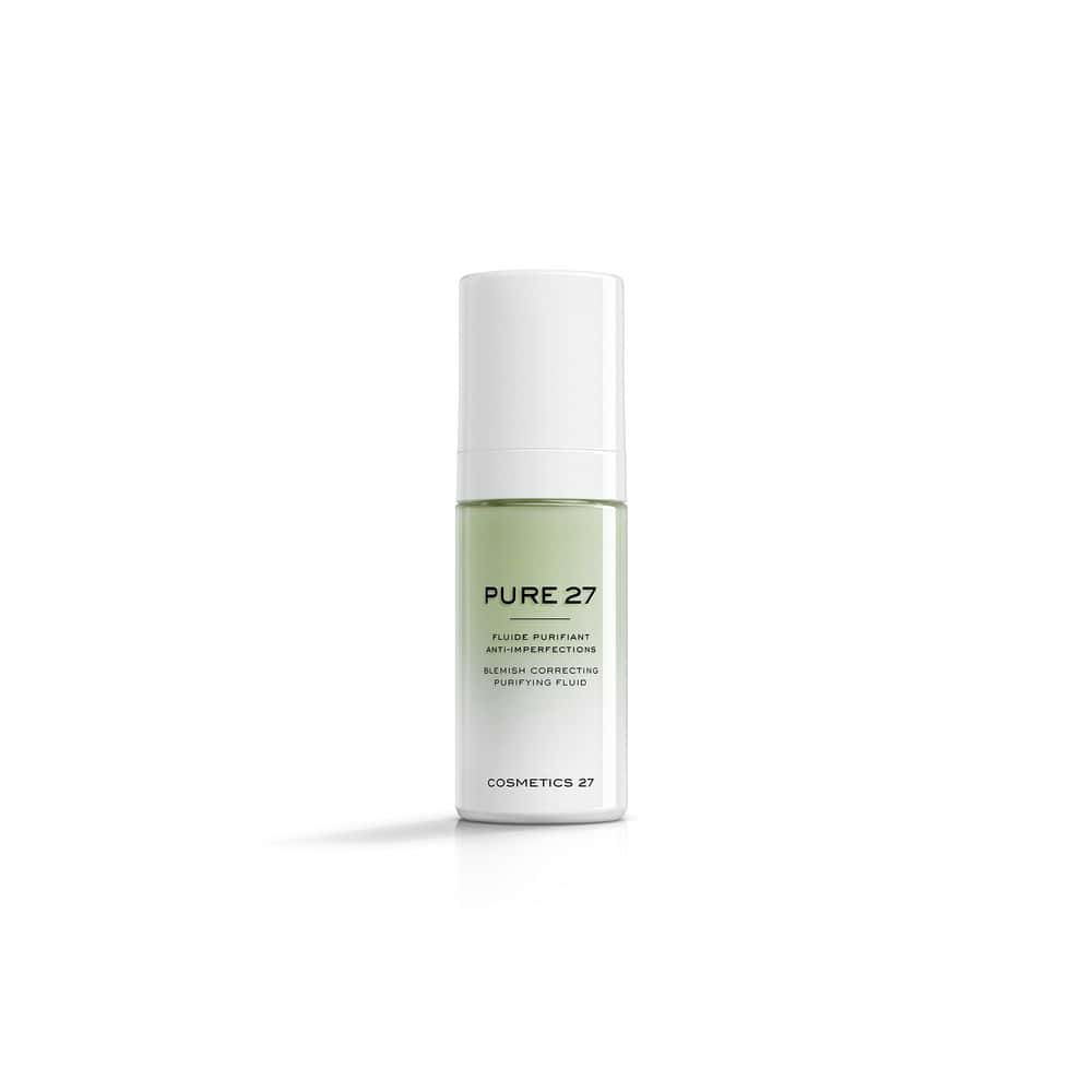 Pure 27 Blemish Correcting Purifying Fluid in a white pump bottle with green liquid