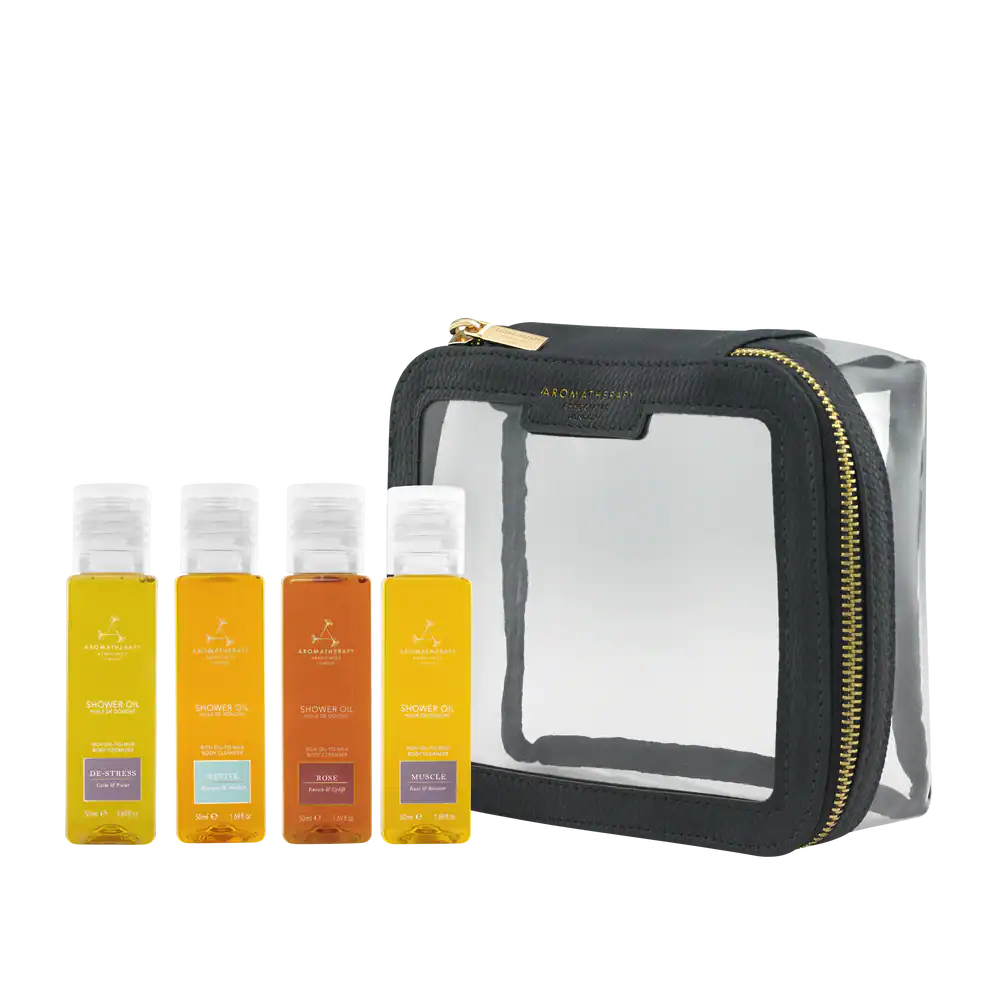 Aromatherapy Associates shower oil set with clear cosmetic bag