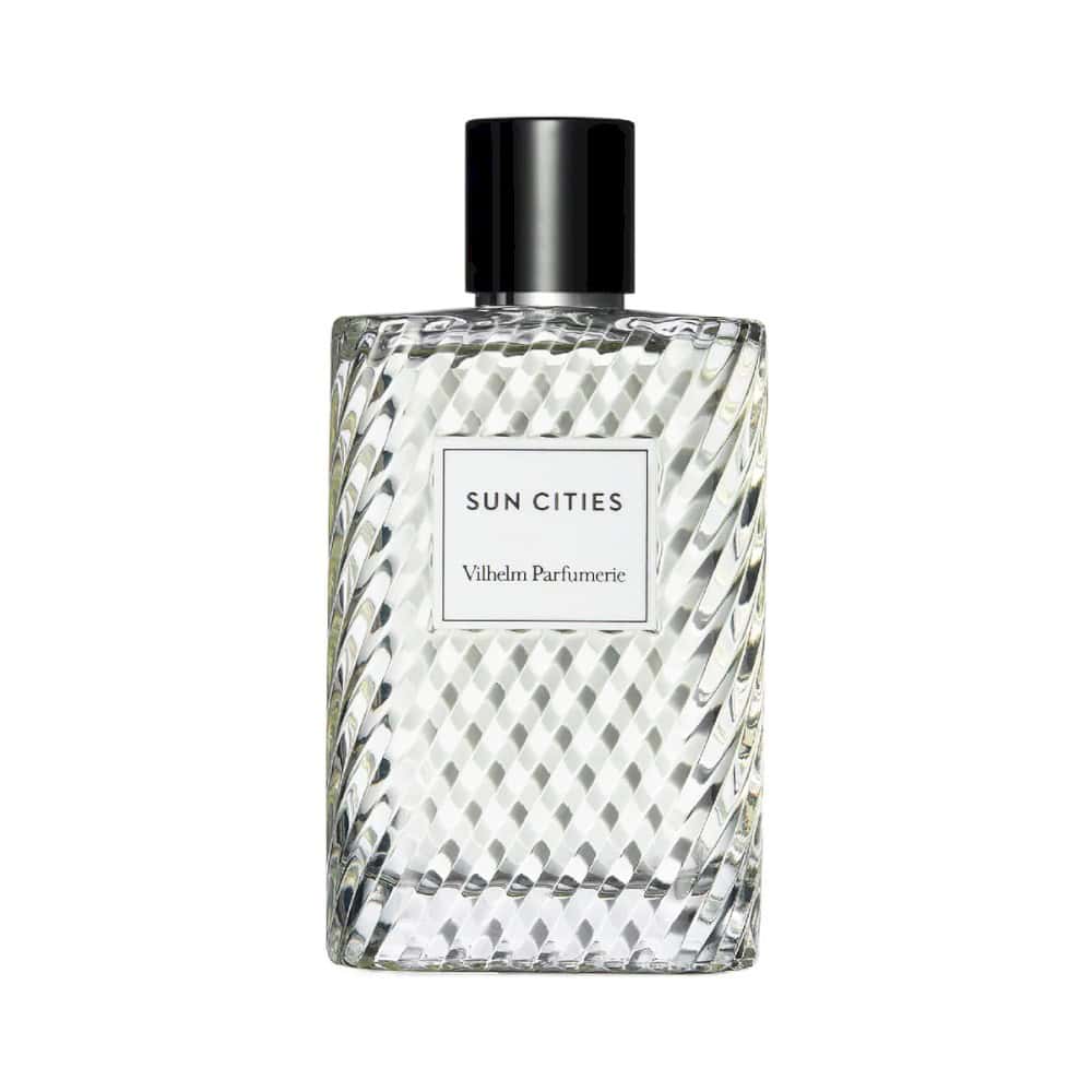 Vilhelm Parfumerie Sun Cities Eau de Parfum in a clear, textured glass bottle with a black cap.