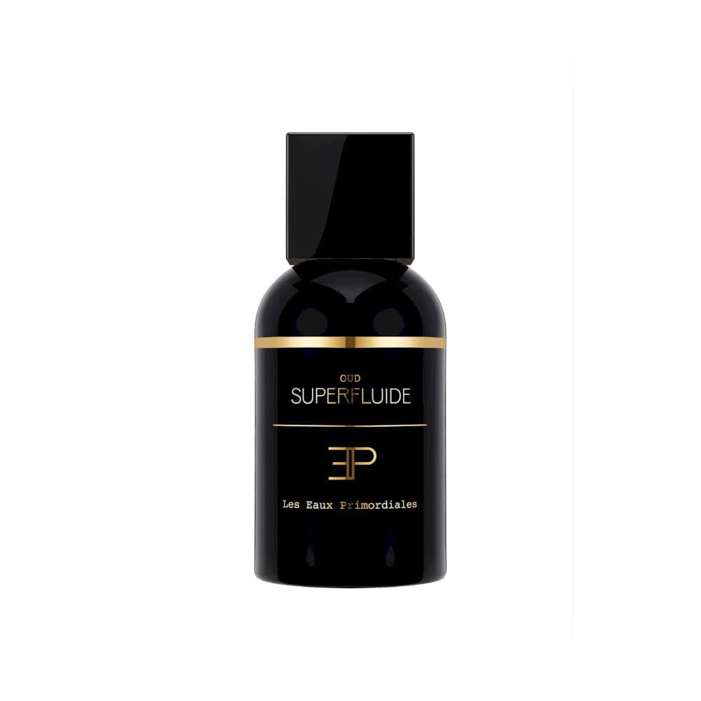 Oud Superfluide serum bottle with black lid, gold trim, and white label featuring EP logo and text
