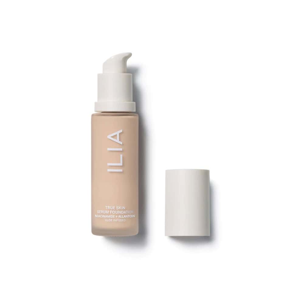 ILIA True Skin Serum Foundation in a light beige shade with pump dispenser and cap