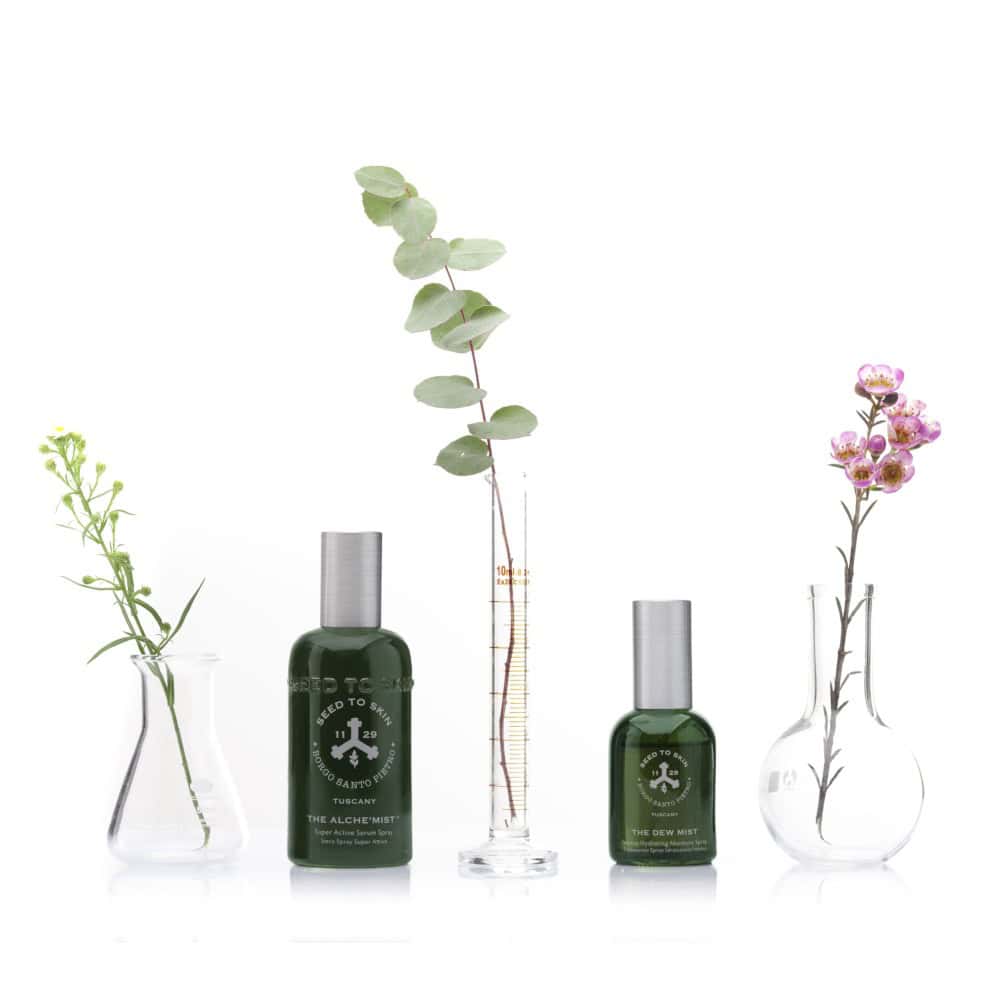 Seed to Skin skincare products: The Alche'mist and The Dew Mist, with botanical elements.