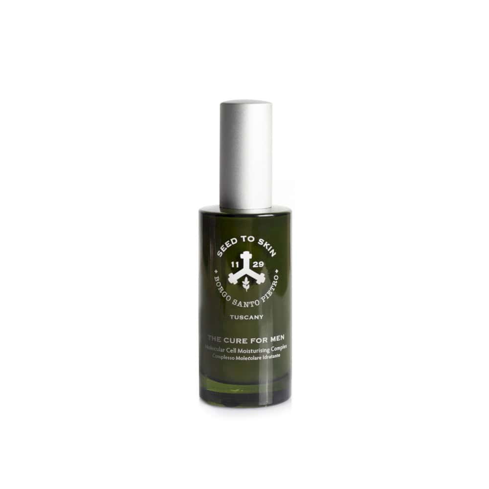Seed to Skin The Cure For Men Molecular Cell Moisturising Complex in a dark green glass bottle