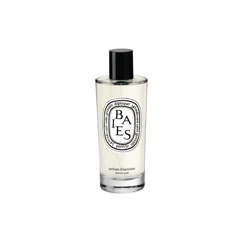 Diptyque Baies Room Spray: Glass bottle with black cap, "Baies" and "parfum d'interieur" labels