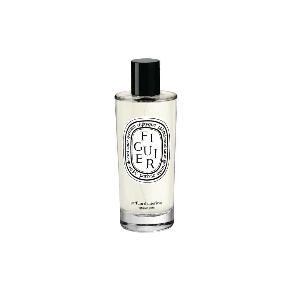 Diptyque Figuier interior scent room spray in a clear glass bottle with a black cap