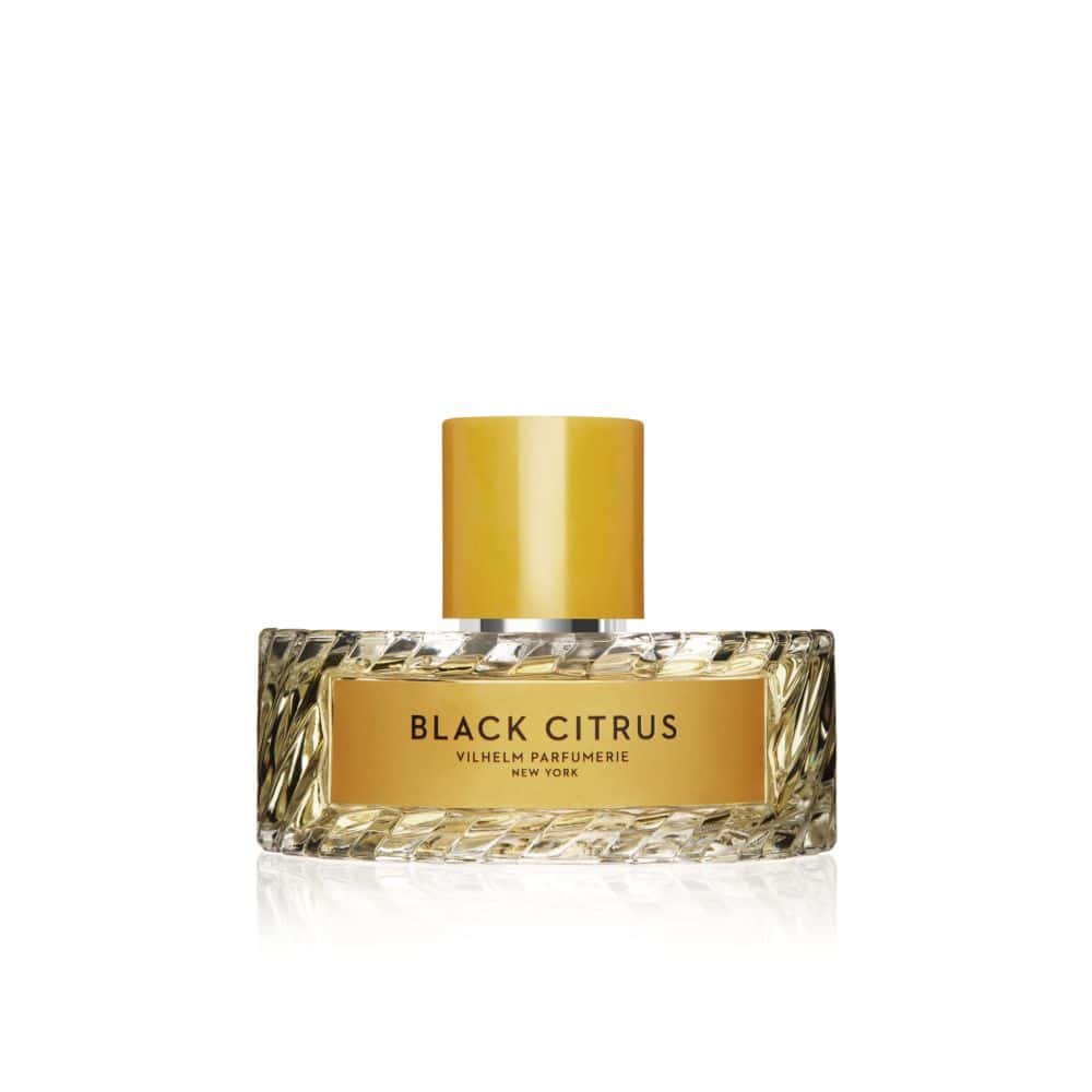 Black Citrus luxury perfume in a black bottle with a golden cap, citrus scent