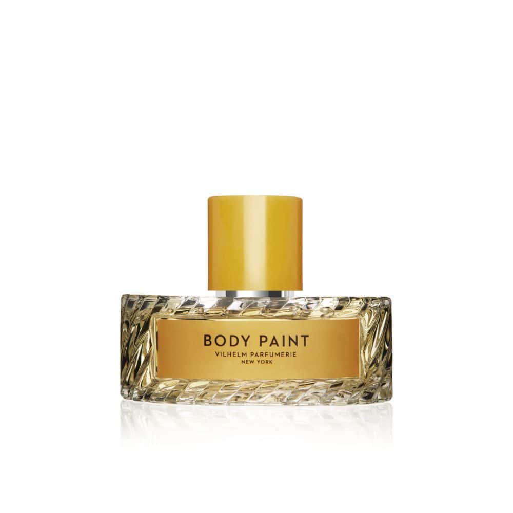 Body Paint perfume bottle with yellow cap and gold label, elegant fragrance for any occasion