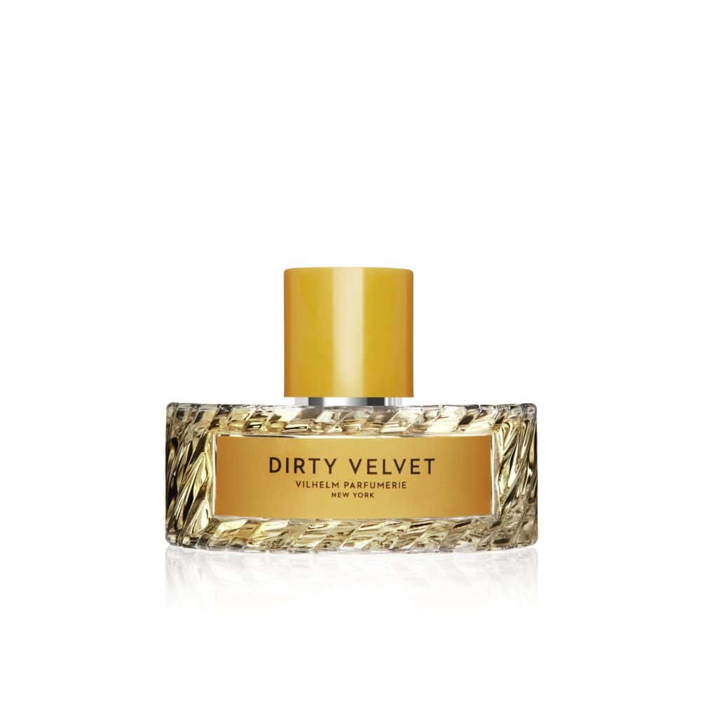 Vilhelm Parfumerie Dirty Velvet Eau de Parfum bottle with gold label and yellow cap