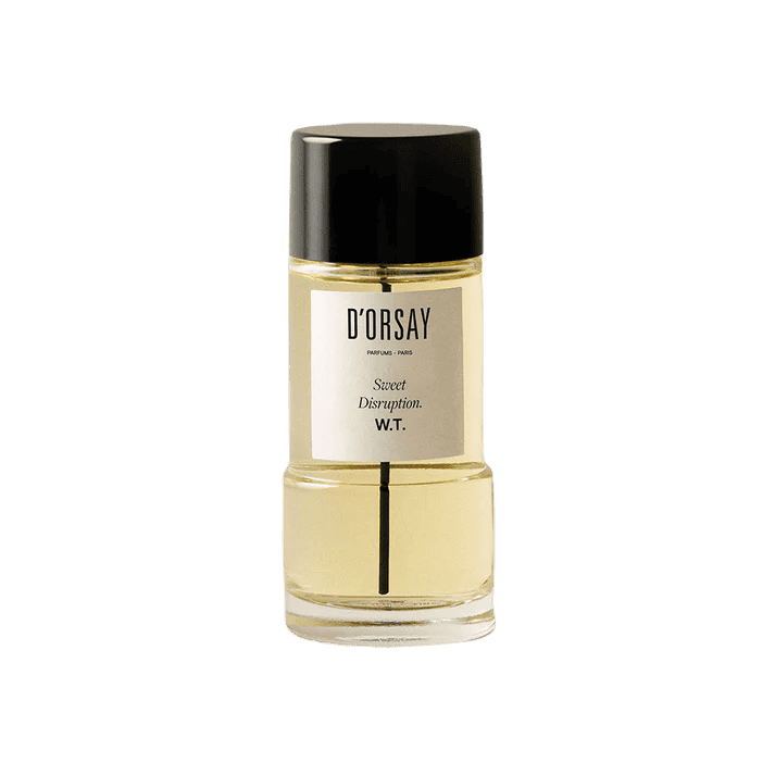 D'Orsay Sweet Disruption. W.T. Eau de Parfum bottle with a black cap and light yellow liquid