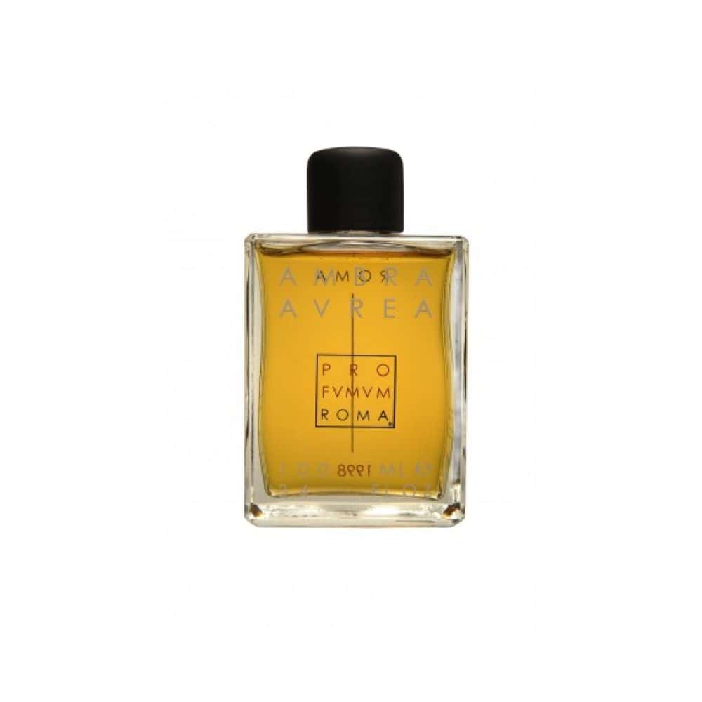 Ambra Aurea perfume bottle with amber liquid and black cap, labeled "PRO FV MVM ROMA