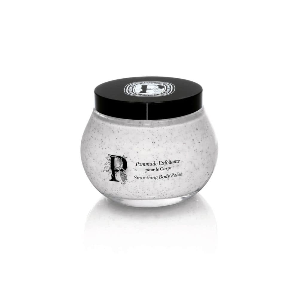 Smoothing Body Polish in a clear jar with a black lid, featuring a black and white label with "P" logo.