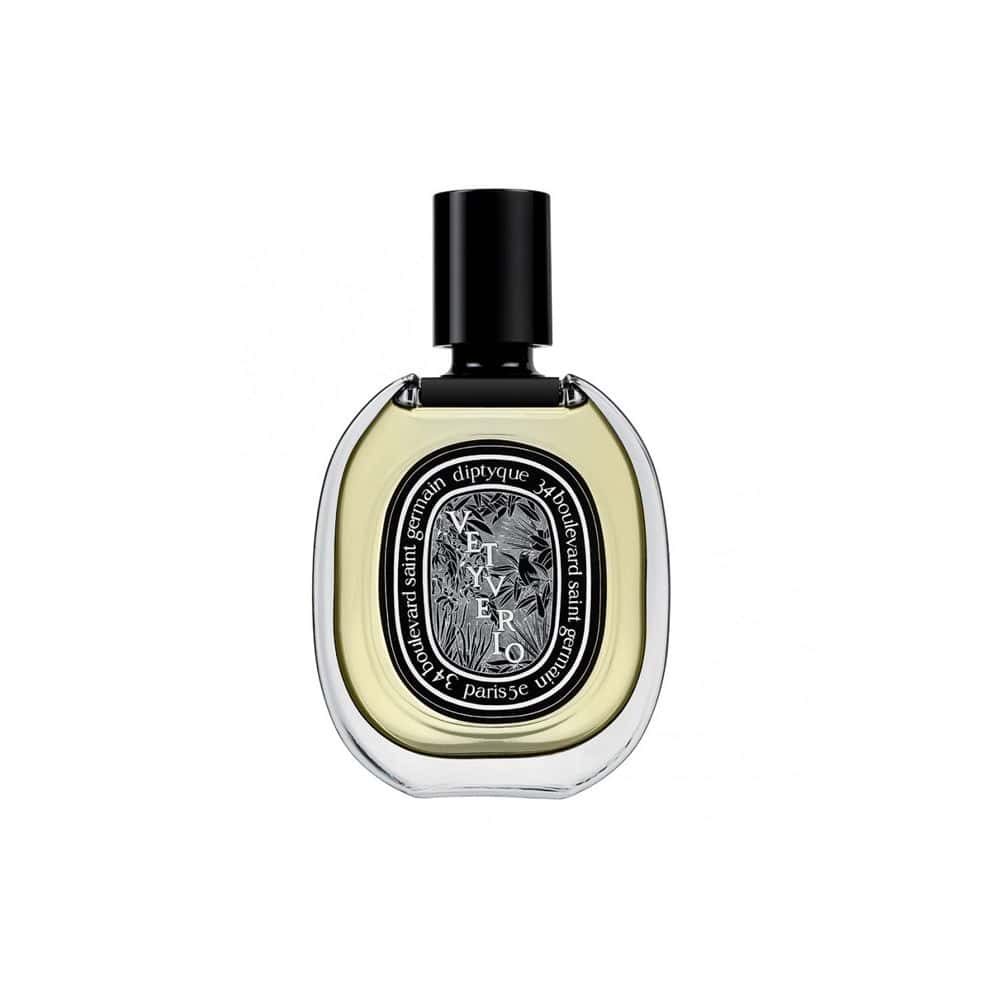 Diptyque Vetyverio Eau de Parfum, oval glass bottle with black cap and label