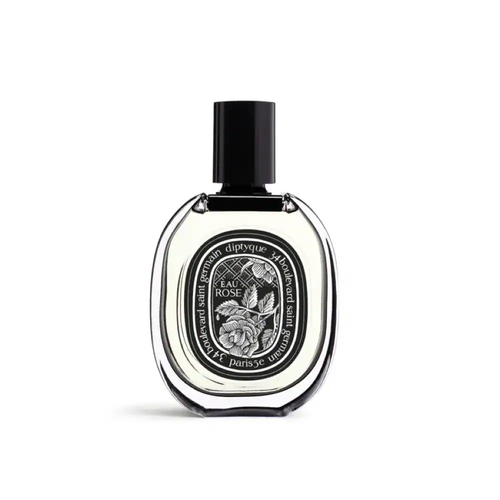 Diptyque Eau Rose Eau de Parfum: Oval glass bottle with black cap and label featuring rose illustration.
