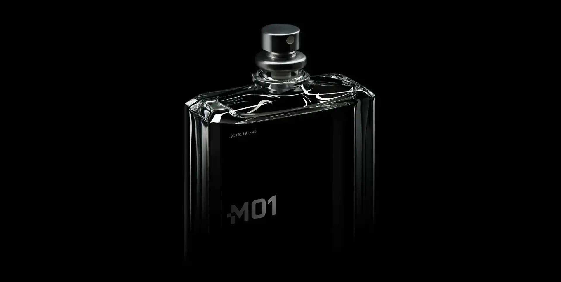 M01 perfume bottle with sleek, modern design on a dark background