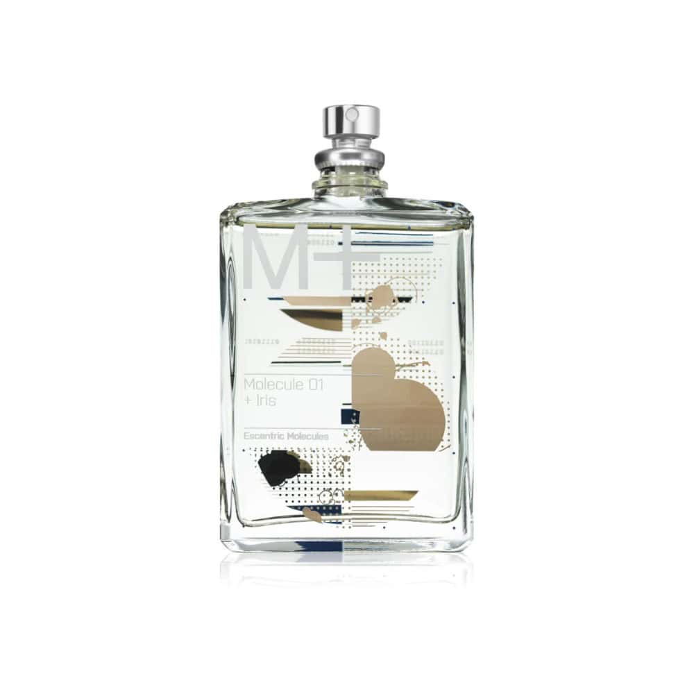 Escentric Molecules Molecule 01 + Iris perfume bottle with abstract graphic design