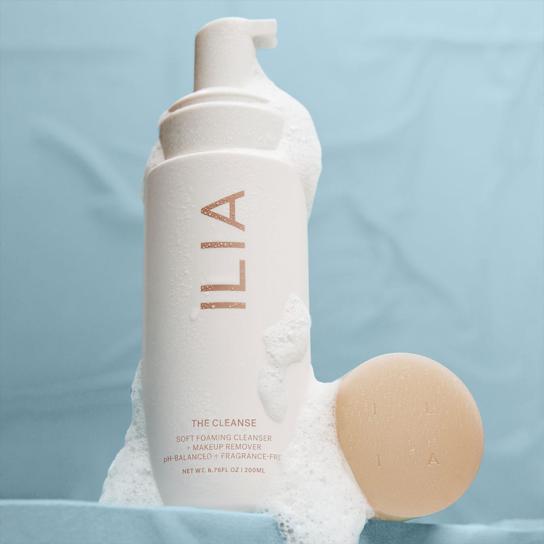 ILIA The Cleanse soft foaming cleanser and makeup remover bottle with foam