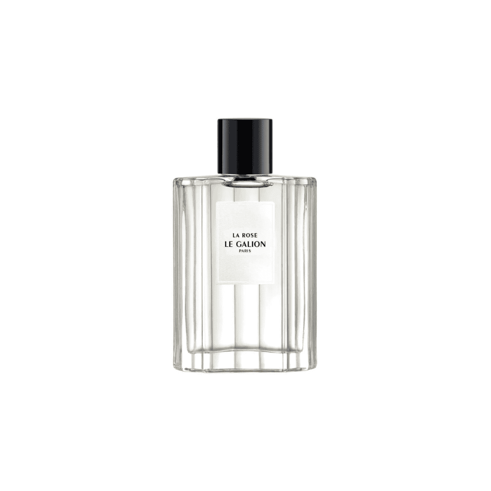 La Rose Eau de Parfum by Le Galion, a classic floral fragrance in a fluted glass bottle with a black cap.