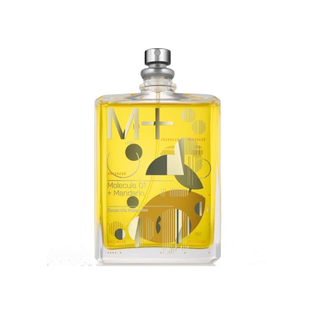 Molecule 01 + Mandarin by Escentric Molecules: Yellow Eau de Toilette perfume bottle with abstract design