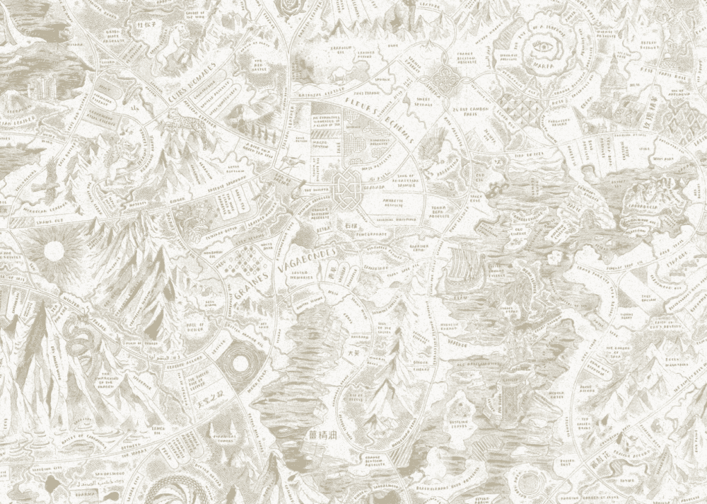 Intricate sepia-toned fantasy map with detailed landscapes, mountains, and text.