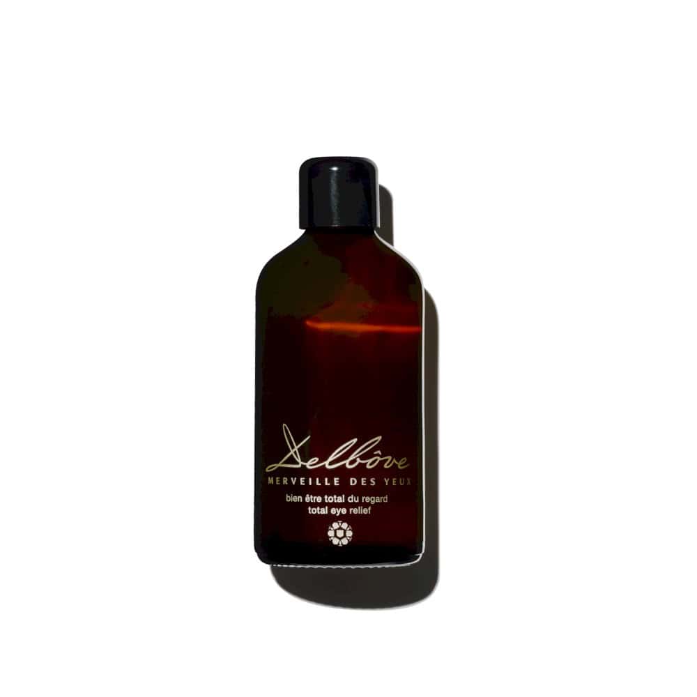 Merveille Des Yeux: Dark amber glass bottle with black cap, labeled "Merveille Des Yeux total eye relief