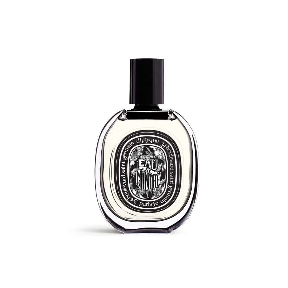 Diptyque Eau de Minthé oval glass perfume bottle with black cap and label