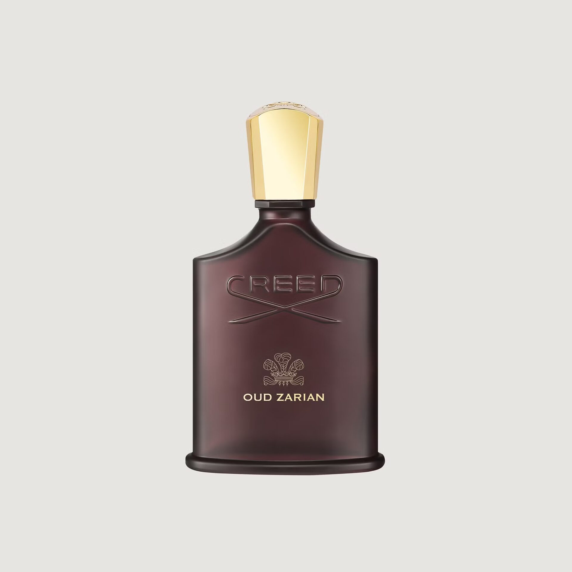 Creed Oud Zarian dark brown glass perfume bottle with gold cap