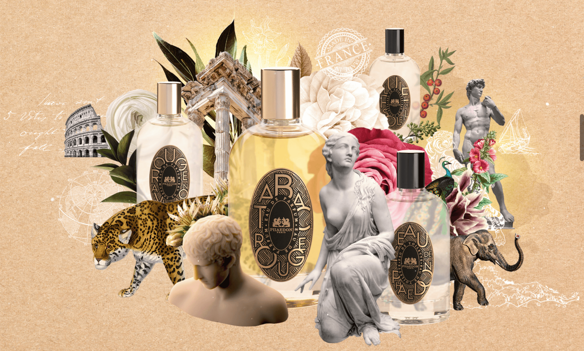 Fragrance bottles with Roman statues, leopard, elephant, and colosseum