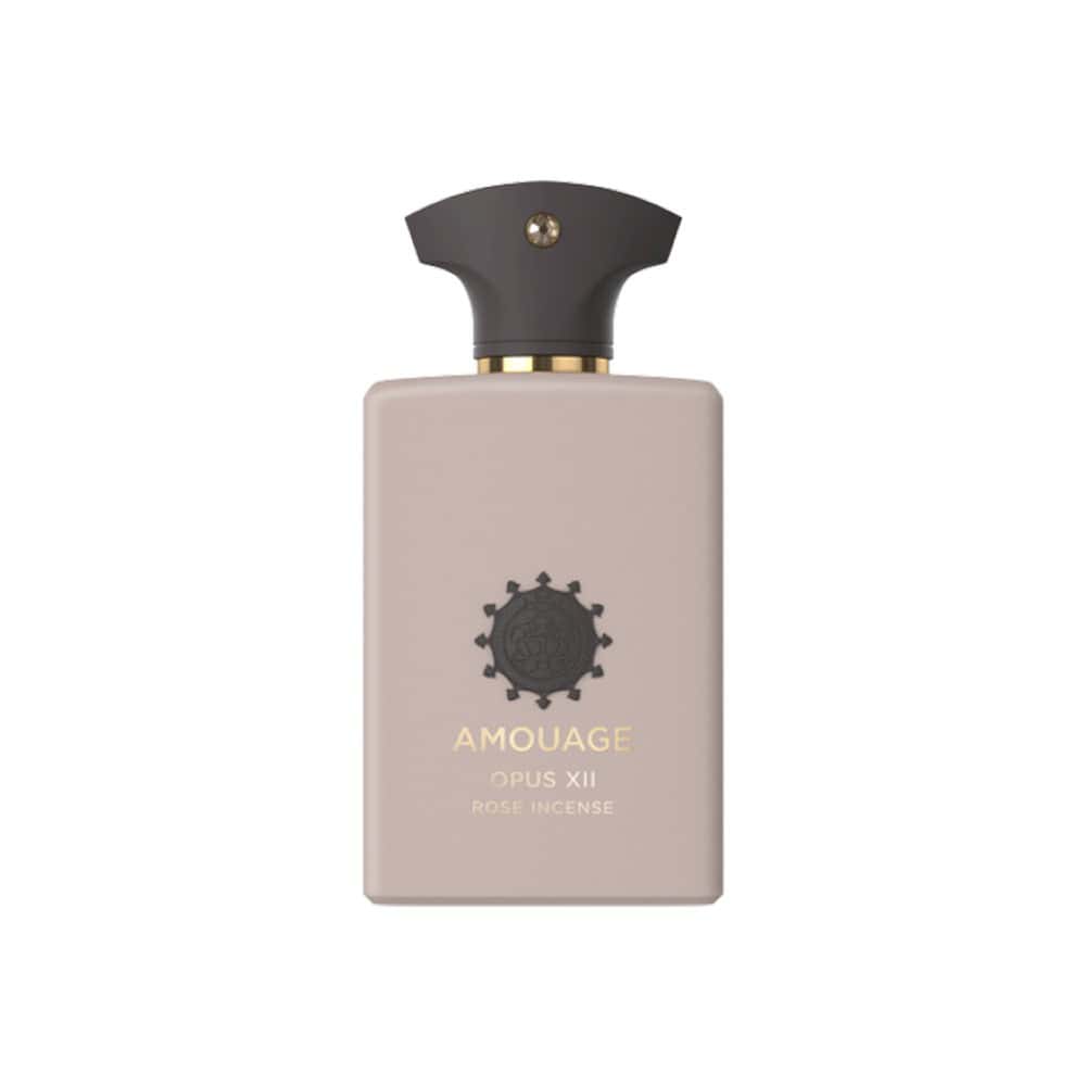 Amouage Opus XII Rose Incense perfume bottle with a light beige rectangular body and a dark grey cap.